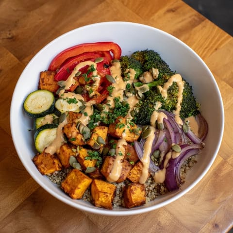 A colorful quinoa bowl showcasing perfectly roasted seasonal veggies, ready to enjoy with a creamy dressing.