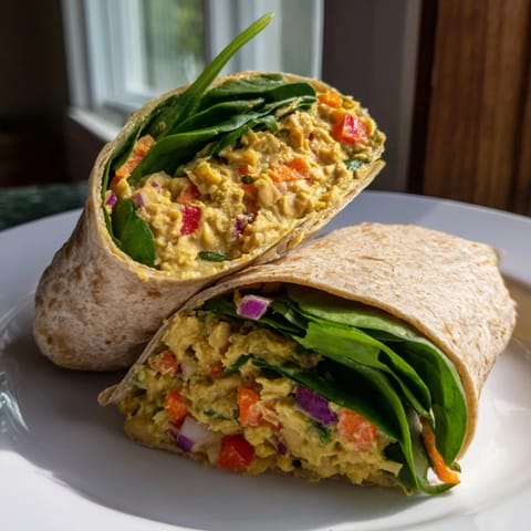 A close-up of a delicious chickpea salad wrap, made with vibrant fresh ingredients inside.
