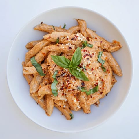 Freshly made Sun-Dried Tomato & Cottage Cheese Pasta Sauce, served with pasta and garnished basil.