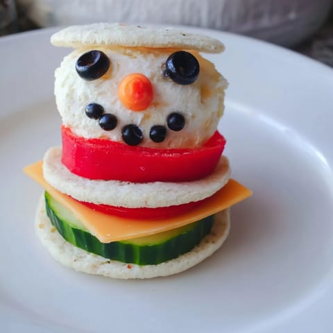 A whimsical Snowman Sandwich Stack, perfect for a festive winter lunch for the family.