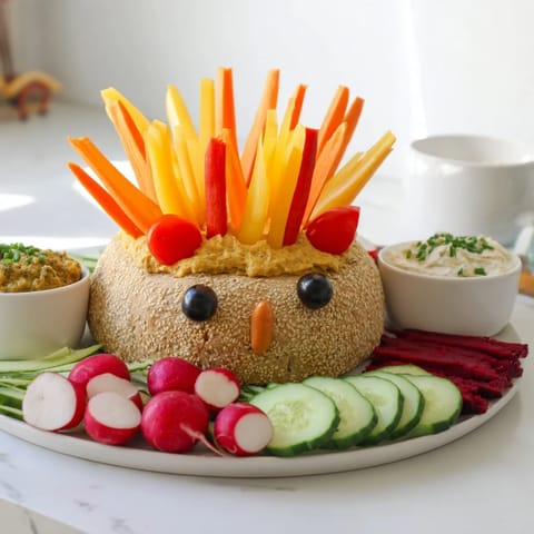 A delicious close-up of the Autumn Hedgehog Dip Platter, perfect for sharing at a fall gathering.