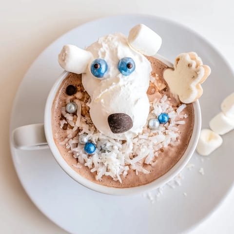 Steaming mugs of Polar Bear Hot Chocolate, garnished with whipped cream, ready for festive enjoyment.