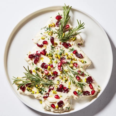 Festive Rosemary Cranberry Christmas Tree appetizer, a delicious cheese spread decorated with herbs and pomegranate.
