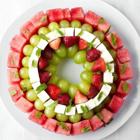 Refreshing summer appetizer, the Summer Watermelon Slice, showing juicy watermelon and cheese arranged to resemble a watermelon.