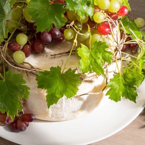 A gorgeous Rustic Vineyard appetizer showcases wheels of cheese adorned with grapes and grapevines.