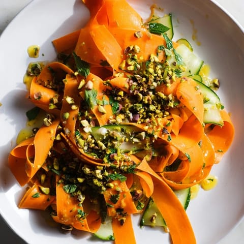 This fresh Citrus Carrot Ribbon Salad features delicate carrot ribbons tossed in a zesty dressing.