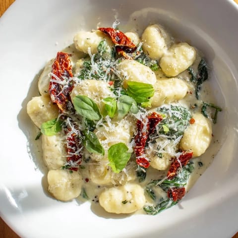 Golden, pillowy Creamy Tuscan Gnocchi with sun-dried tomatoes, spinach, and Parmesan cheese, ready to be served.