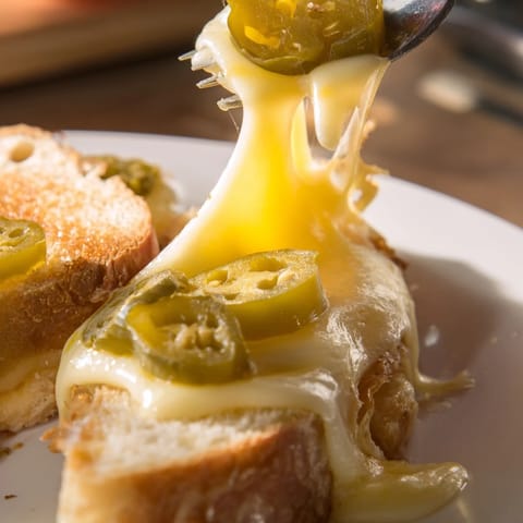 A close-up view shows the crispy, golden-brown crust of a Cheddar Jalapeño Grilled Cheese, with melted cheese oozing from the edges.  