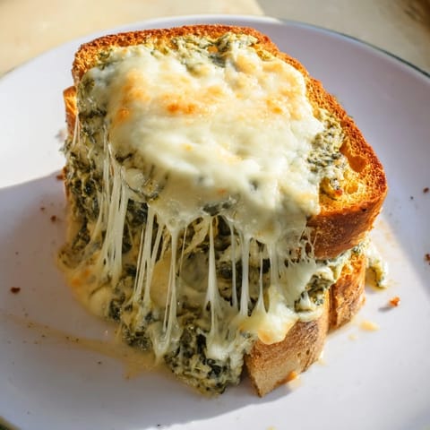 A close-up view of crispy spinach artichoke grilled cheese, with vibrant green spinach and chopped artichoke peeking from the melted cheese.