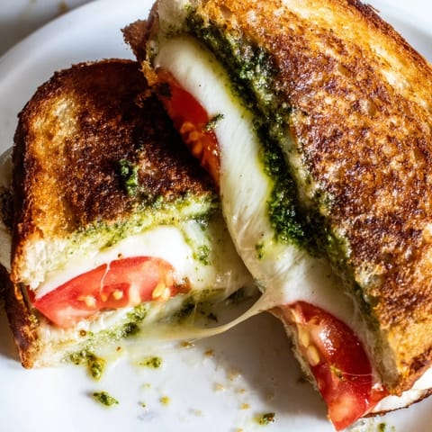 A close-up of a sliced Caprese Pesto Grilled Cheese revealing juicy tomato and pesto layers.