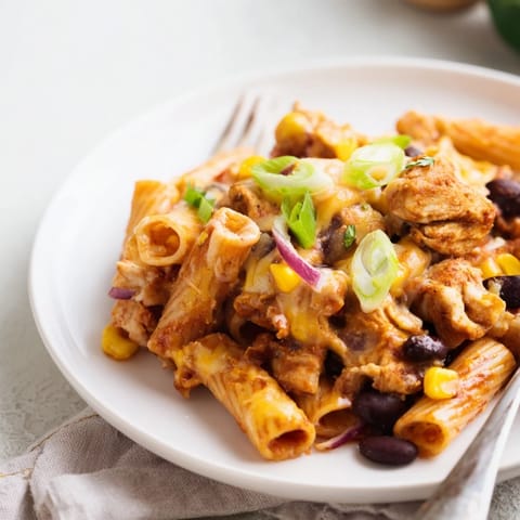 Crispy Chicken Burrito Pasta served steaming hot, garnished with fresh cilantro and spring onions for a weeknight dinner.  