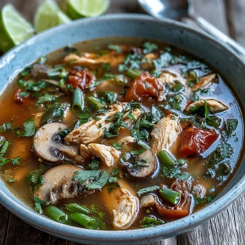 A vibrant, spicy-sour Tom Yum Chicken soup garnished with fresh cilantro and lime wedges, served hot in a rustic ceramic bowl for an authentic Thai dining experience.
