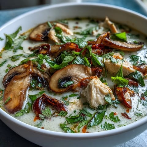 A steaming bowl of Authentic Tom Kha Gai, featuring tender chicken and straw mushrooms in fragrant coconut broth.