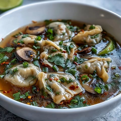 Spicy Tom Yum Wonton Soup in a white bowl with wontons, tomatoes, and lime wedges, ready to enjoy.