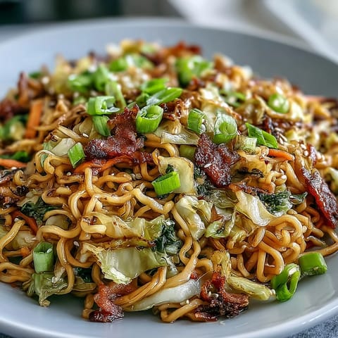 Steaming Fried Cabbage Ramen served in a skillet, featuring crispy-edged cabbage, julienned carrots, and stir-fried ramen noodles glistening with sesame oil.  