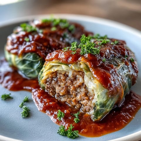 Tender cabbage rolls in tomato sauce, ready to serve with sour cream and crusty bread on the side.