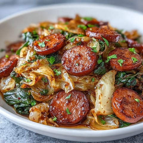 Smothered Cabbage With Sausage Skillet is served hot beside creamy mashed potatoes, showcasing the rich, caramelized vegetables.