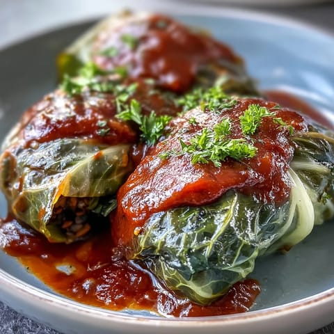 Tender green cabbage leaves are stuffed with a hearty mixture of brown rice and lentils, baked to perfection in aromatic tomato sauce.
