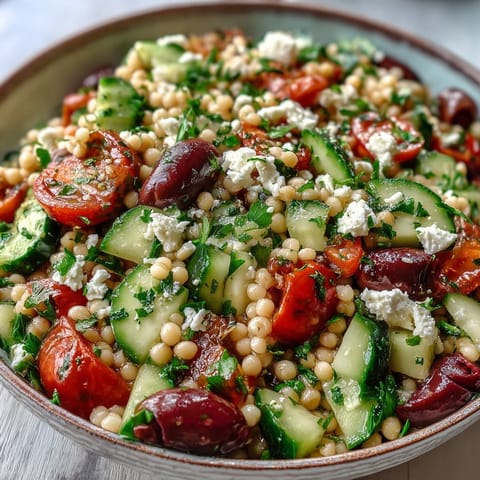Fluffy Mediterranean Pearl Couscous tossed with kalamata olives, cherry tomatoes, and fresh parsley on a light surface.