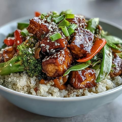 Rainbow stir-fried vegetables atop fluffy quinoa in a glossy teriyaki bowl.