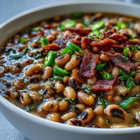 Close-up of creamy Big Pot of Texas Black-Eyed Peas, showcasing tender legumes and diced tomatoes in a smoky, spice-infused broth.