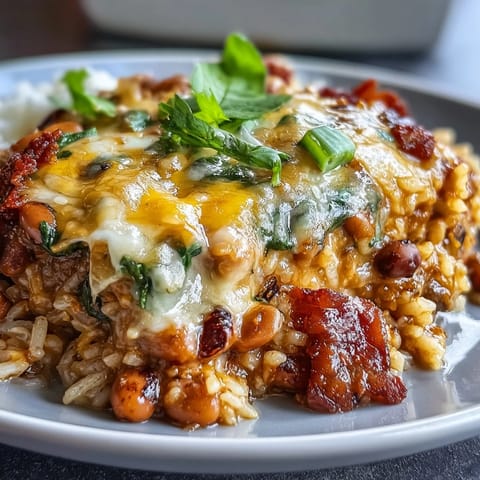 Golden cheesy top on a spoonful of Tex Mex Black Eyed Pea Casserole revealing rice, black-eyed peas, spinach, and smoky bacon.