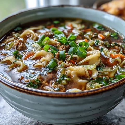 Savory Cozy One-Pot Egg Roll Soup served hot with a drizzle of sesame oil.