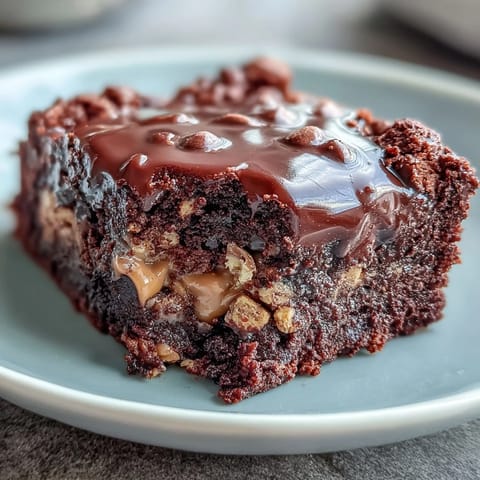 Freshly baked Rich Peanut Butter Cup Dump Cake from a 9x13-inch dish showcases melted chocolate chips and mini peanut butter cups on a fudgy, decadent dessert.