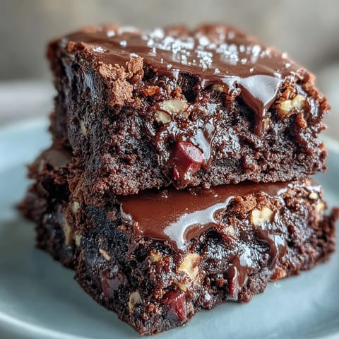 A stack of three Greek Yogurt Brownies showing a moist, dense crumb and melted dark chocolate chips.