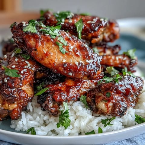 Golden-brown honey garlic wings glazed with sticky BBQ sauce, arranged over steamed rice for an easy dinner.
