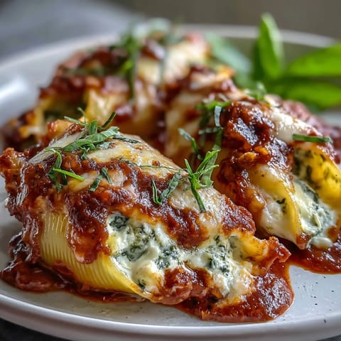 Tender jumbo shells filled with ricotta and pesto chicken sit in rich marinara, garnished with fresh basil leaves.