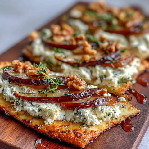 A slice of Goat Cheese & Pear Flatbread revealing creamy cheese layers, juicy pears, and crunchy walnuts on a rustic wooden board.