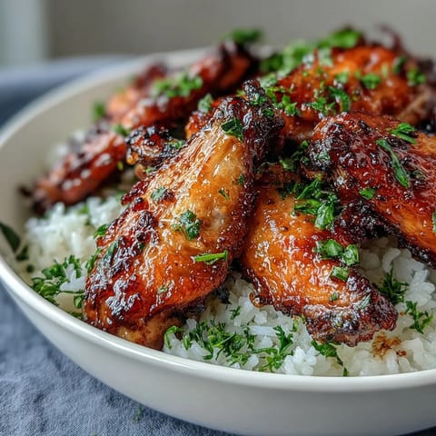 Crispy baked wings tossed in sweet and savory honey garlic glaze, paired with steaming buttery rice for a comforting dinner. 
