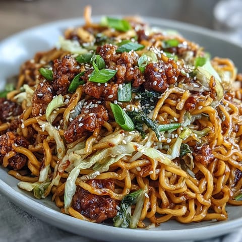 A close-up of Korean Turkey Fried Noodles featuring pan-fried noodles, ground turkey, and sesame seeds, ready to serve.