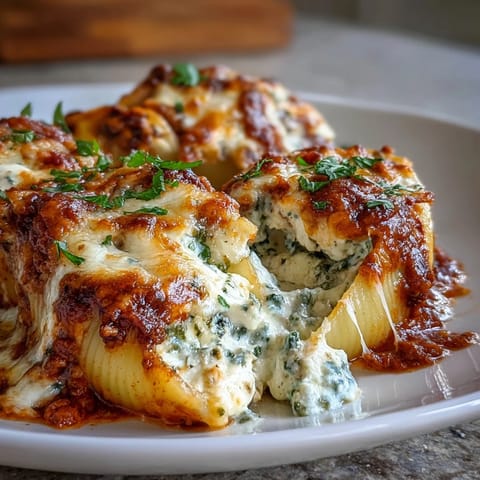 Pesto Lasagna Stuffed Shells baked in marinara, with melted mozzarella and fresh basil garnish.