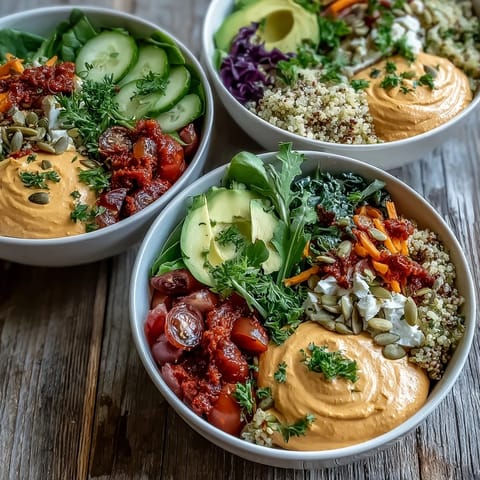A hearty bowl of Vegan Roasted Red Pepper Hummus Buddha Bowls with quinoa, olives, and shiny pepitas.