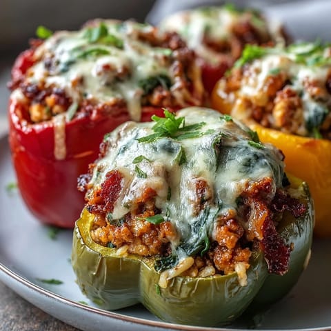 Golden-brown Turkey and Veggie Stuffed Bell Peppers fresh from the oven, topped with melted mozzarella.