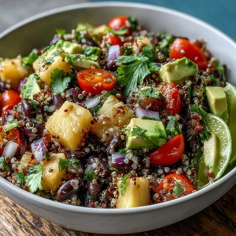 Bright bowl of Tropical Quinoa Salad with Pineapple and Black Beans with red bell pepper, tomatoes, and cilantro.