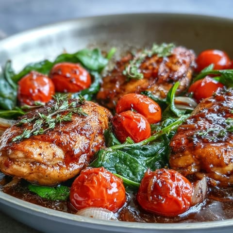 Tender One-Pan Balsamic Chicken with Tomatoes and Spinach served hot from the skillet, perfect for a low carb weeknight dinner.