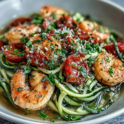 Tender shrimp and crisp zucchini noodles tossed in a garlicky lemon sauce for this Skinny Shrimp Scampi recipe.