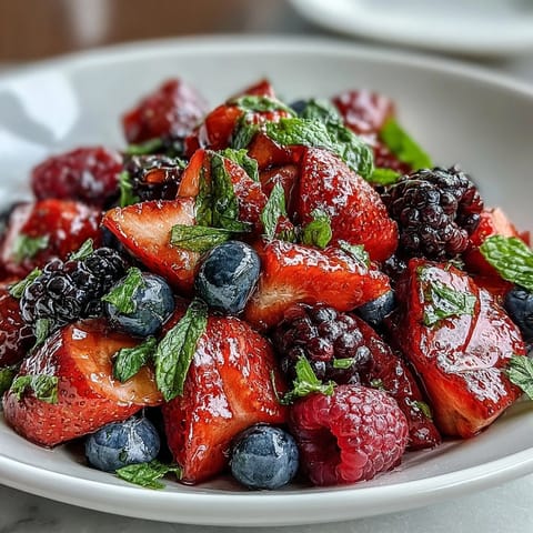 Bright red strawberries, blueberries, and raspberries in a white bowl, drizzled with honey-lemon dressing for a Fresh Summer Berry Salad with Mint. 