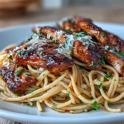 Golden pan-seared chicken breast served over spaghetti in a rich honey garlic cream sauce.  