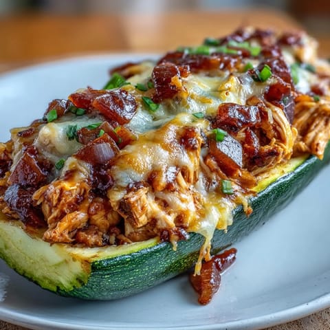 Skinny BBQ Chicken Stuffed Zucchini Boats with melted cheese and tender zucchini halves, perfect for a healthy, protein-packed dinner.