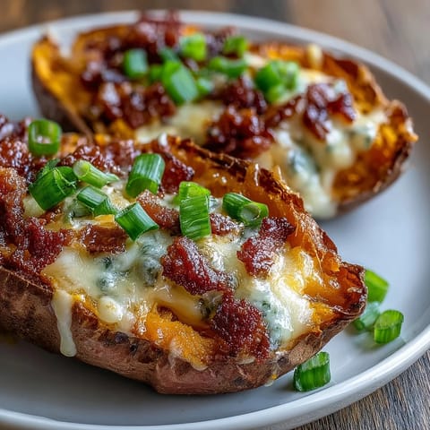 Golden sweet potatoes filled with savory bacon, creamy cheese, and baked eggs, garnished with minced scallions for a satisfying morning meal.  