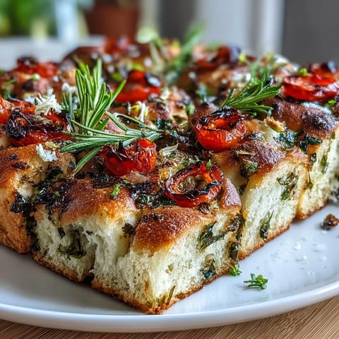Gorgeous focaccia bread decorated with herb stems, bell pepper flowers, and zucchini petals—ideal for festive gatherings.  