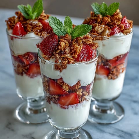 Beautifully layered mini strawberry parfaits in shot glasses, featuring sweetened Greek yogurt, juicy strawberries, and crisp granola for an easy, elegant dessert.  