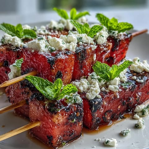 Colorful appetizer skewers featuring juicy watermelon, creamy feta, and mint leaves, drizzled with olive oil and balsamic glaze.