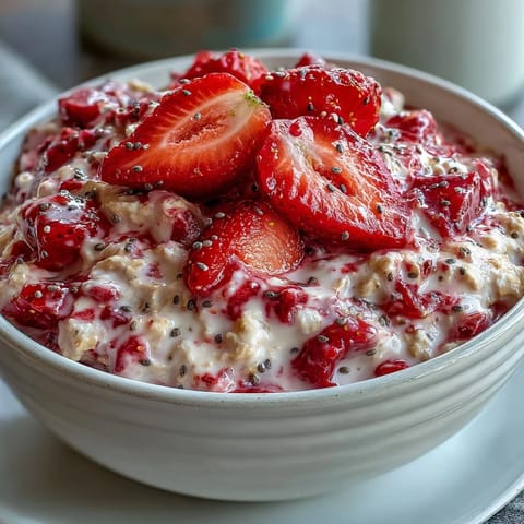 Vibrant strawberry lemonade overnight oats with poppy seeds, featuring fresh strawberries, lemon zest, and creamy oats for a refreshing breakfast.