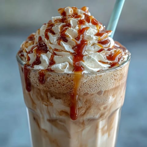 Creamy vanilla bean frappuccino blended with ice and milk, topped with whipped cream and a rich caramel drizzle.