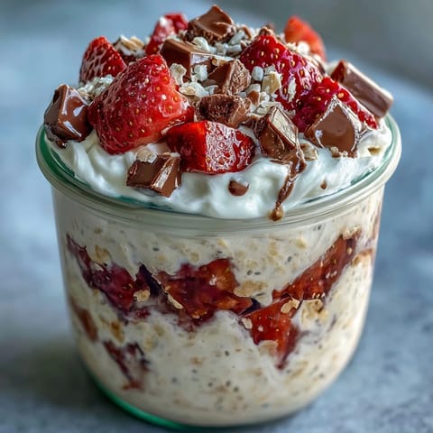 Strawberry chocolate chunk overnight oats dessert jar featuring vibrant red berries and rich dark chocolate chunks.  